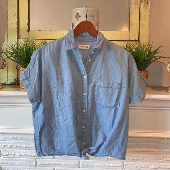 Madewell Denim Short-Sleeve Tie-Front Shirt Slouchy Relaxed Fit Size Small - Picture 1 of 6